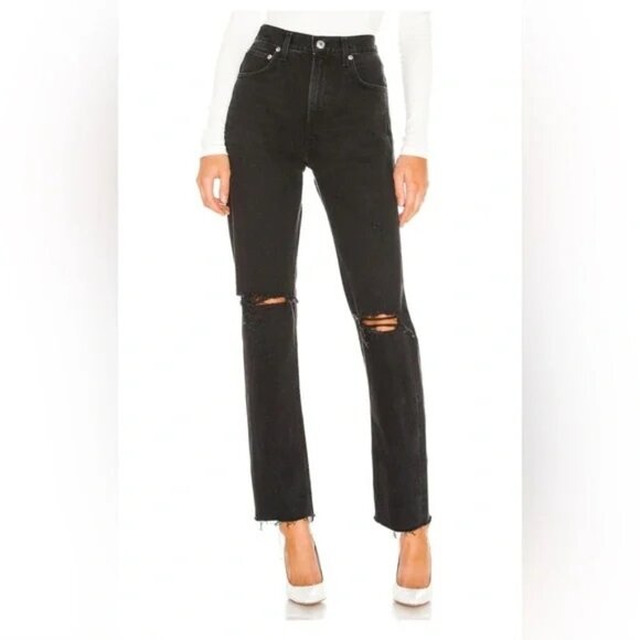 Agolde ~Distressed Cherie High Rise Straight Black Cotton Raw Hem Jeans size 25